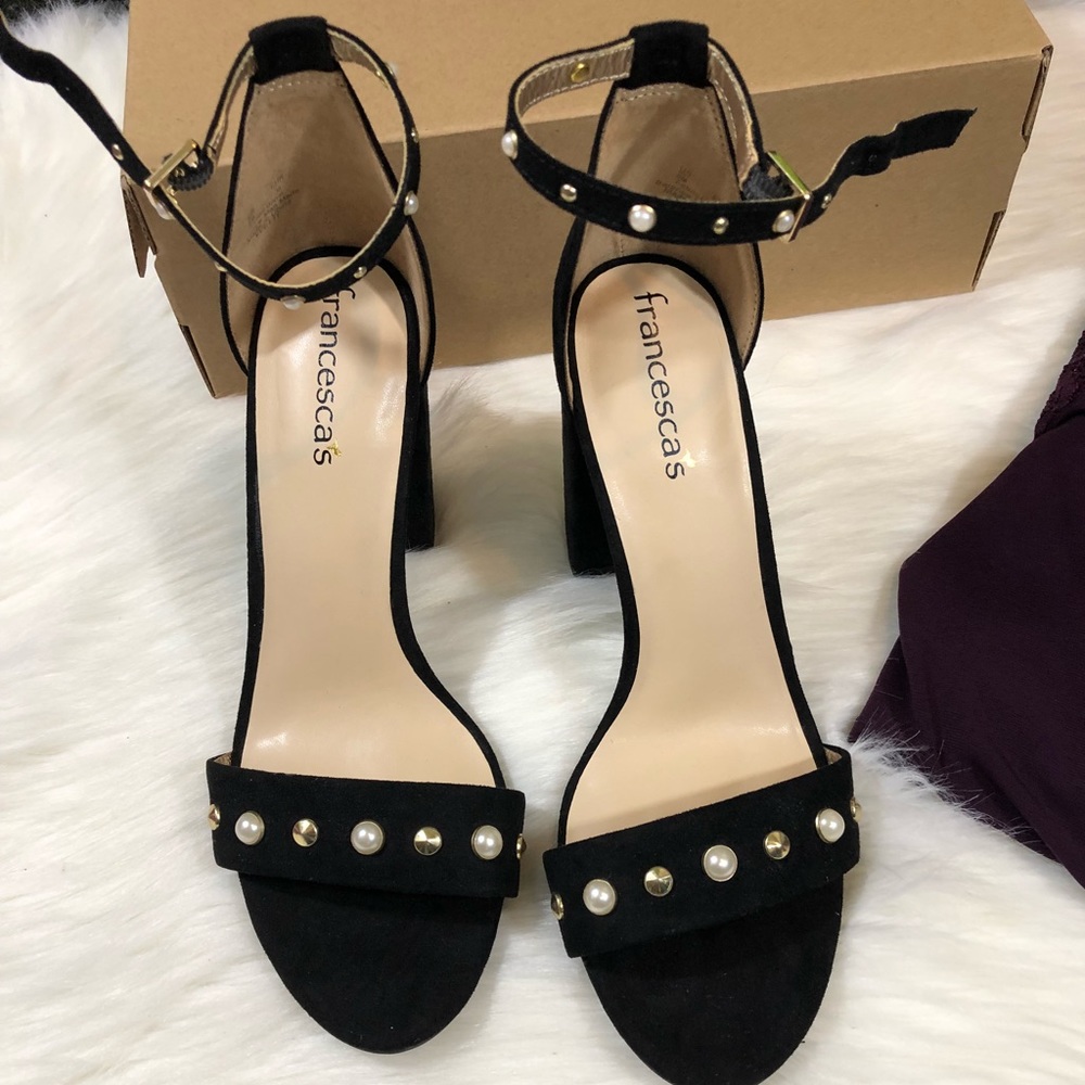 Black suede pearl detail open toe heels - Picture 2 of 4